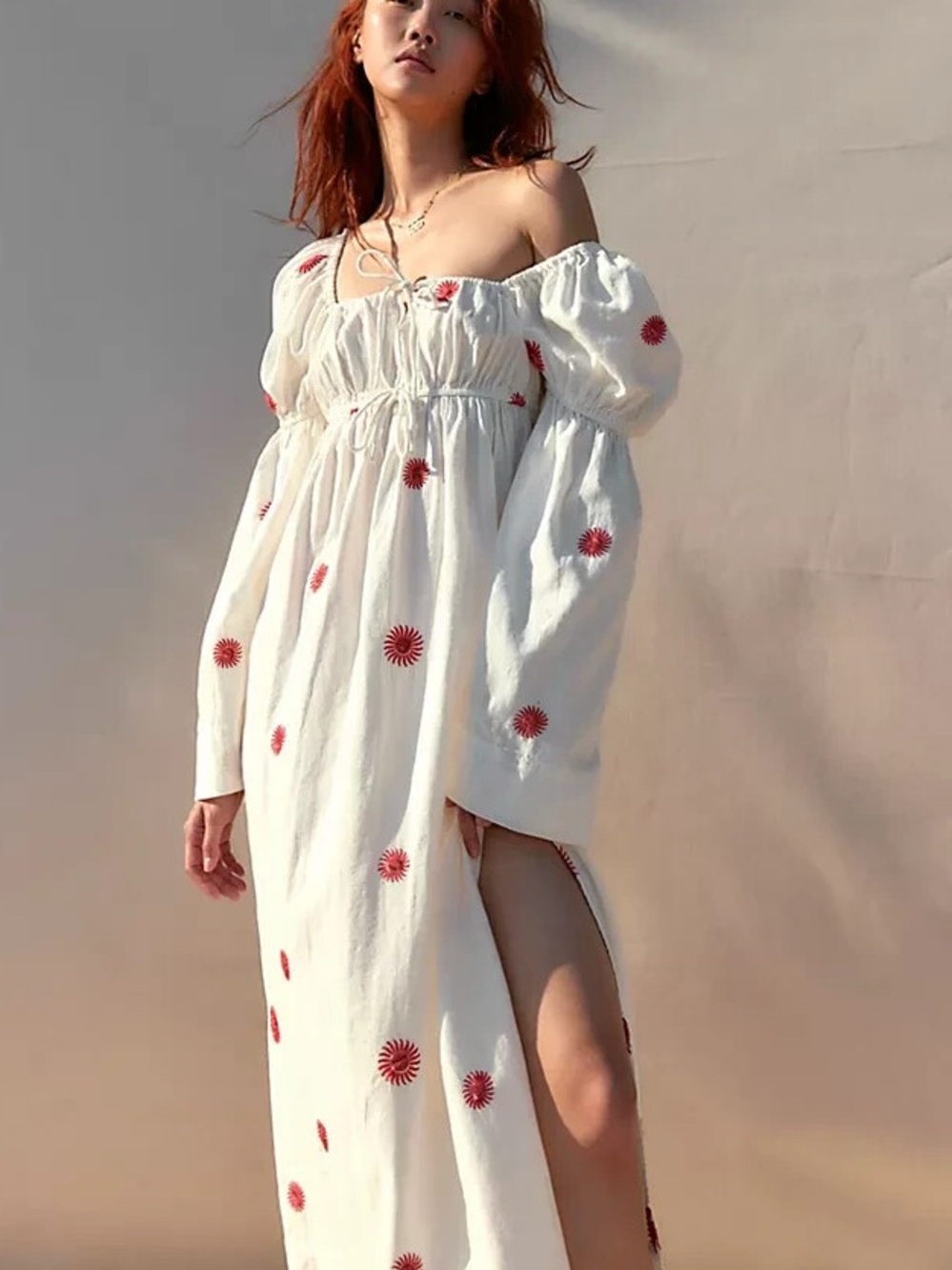 Free People Emory Boho Maxi Dress Women's M Embroidered Long Sleeve Pockets Whit